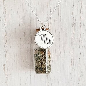 Peut inclure: Collier en argent avec un petit flacon en verre rempli d'herbes séchées et un charme en argent avec le symbole astrologique du Scorpion.