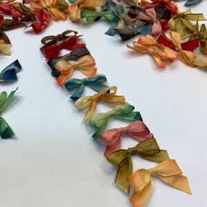 Può includere: Assortimento di fiocchi di nastro di raso colorati in varie tonalità di blu, verde, giallo, arancione e rosso. I fiocchi sono disposti in fila su una superficie bianca.