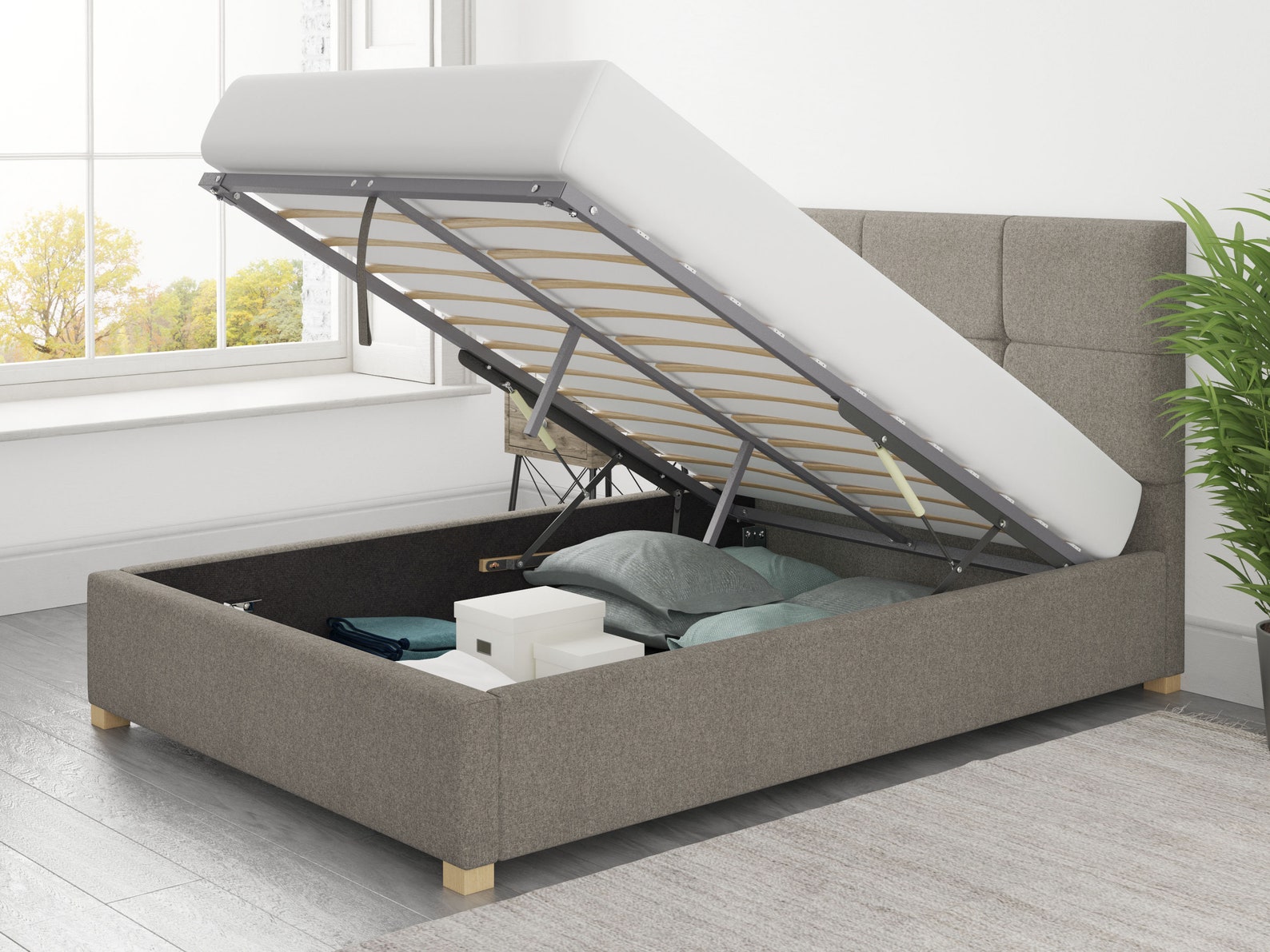 Aspire Beds Upholstered Caine Fabric Ottoman Storage Bed Handcrafted in