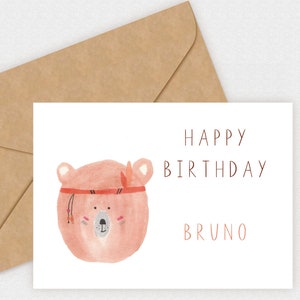 Glückwunschkarte | Geburtstagskarte | Personalisierbar | Aquarellkarte | Karte Indianerbär | Digitale Datei | Happy Birthday