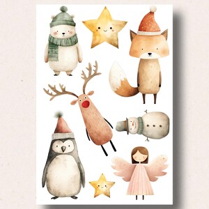 Könnte beinhalten: Ein Set mit Aquarell-Illustrationen, die einen Pinguin, ein Rentier, einen Fuchs, einen Schneemann, einen Eisbären und zwei Sterne zeigen. Die Illustrationen sind im skurrilen Stil gehalten und perfekt, um jedem Projekt einen Hauch von Weihnachtsfreude zu verleihen.
