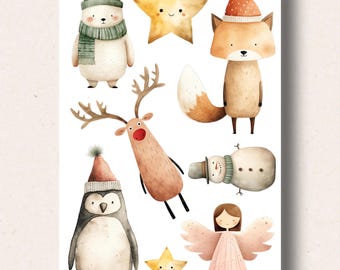 May include: A set of watercolor illustrations featuring a penguin, a reindeer, a fox, a snowman, a polar bear, and two stars. The illustrations are in a whimsical style and are perfect for adding a touch of holiday cheer to any project.