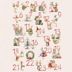Puede incluir: Ilustración en acuarela de un calendario de adviento con 24 ratones en escenas festivas. Cada ratón numerado está representado en actividades navideñas, como decorar un árbol o llevar regalos.