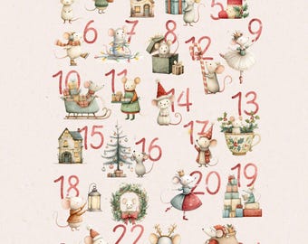 May include: Watercolor illustration of an advent calendar featuring 24 charming mice in festive attire and settings. Each mouse is numbered and engaged in holiday activities, such as decorating a tree, carrying gifts, or wearing a Santa hat.