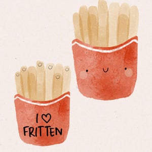 以下が含まれることがあります： 笑顔の顔をした、漫画のフライドポテトの容器が2つ。1つの容器には「フライドポテトが大好き」という文字が書かれています。