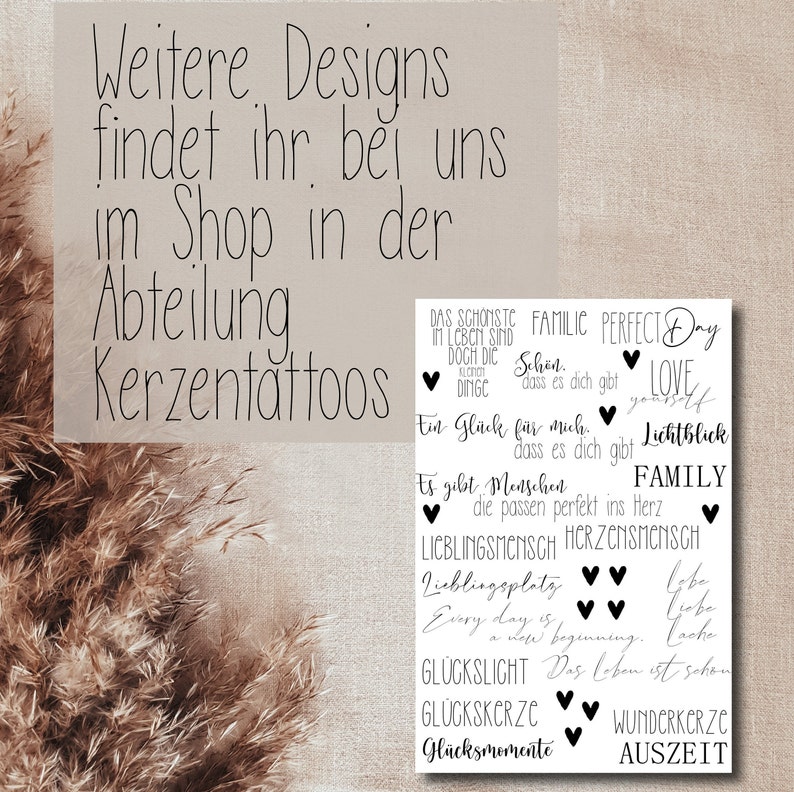 May include: Black and white candle tattoo designs with German text. The designs include phrases like "Das sch&ouml;nste im Leben sind doch die kleinen Dinge", "Ein Gl&uuml;ck f&uuml;r mich, dass es dich gibt", "Es gibt Menschen, die passen perfekt ins Herz", "Lieblingsmensch", "Lieblingsplatz", "Every day is a new beginning", "Gl&uuml;cklicht", "Gl&uuml;ckskerze", "Gl&uuml;cksmomente", "Wunderkerze", "Auszeit", "Family", "Perfect Day", "Love", "Lichtblick", and "Family".