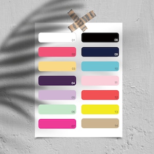 May include: A color palette chart with 14 color swatches. The swatches are arranged in two columns, with numbers 01 through 07 on the left and 08 through 14 on the right. The colors include white, pink, yellow, purple, lavender, light green, hot pink, black, navy blue, light blue, light pink, orange, yellow, and beige.