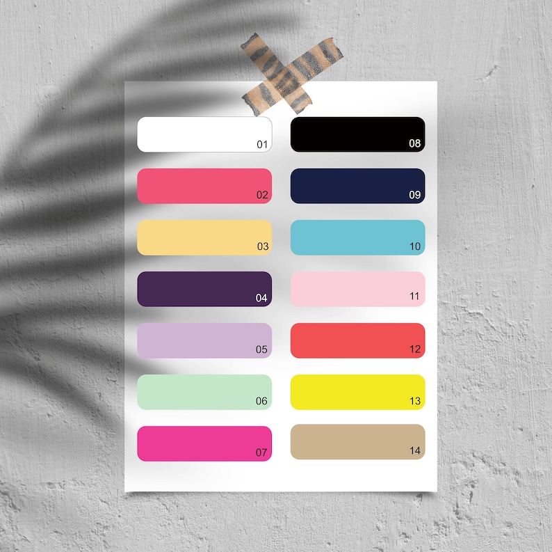 May include: A color palette chart with 14 color swatches. The swatches are arranged in two columns, with numbers 01 through 07 on the left and 08 through 14 on the right. The colors include white, pink, yellow, purple, lavender, light green, hot pink, black, navy blue, light blue, light pink, orange, yellow, and beige.