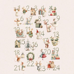 Op de afbeelding: Waterverfillustratie van een adventskalender met 24 genummerde muizen, elk in een feestelijke scène. De muizen zijn gekleed voor de feestdagen, houden cadeaus vast en versieren een kerstboom. De achtergrond is een zachte, neutrale kleur.