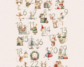 May include: Watercolor illustration of an advent calendar featuring 24 adorable mice, each numbered and engaged in festive activities. Mice are dressed in holiday attire, holding gifts, and decorating a Christmas tree. The background is a soft, neutral color.