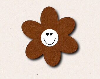 Iron-on patch | Flowers with smiley face | Leather look