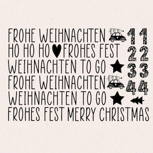 Può includere: Un design festivo con le parole "FROHE WEIHNACHTEN", "HO HO HO", "FROHES FEST", "WEIHNACHTEN TO GO" e "MERRY CHRISTMAS" in nero. Include auto con albero di Natale, stelle, numeri e alberi di Natale.