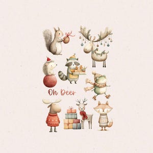 Puede incluir: Ilustración en acuarela con varias criaturas del bosque con ropa de invierno. Una ardilla sostiene un regalo, un mapache lleva galletas y una rana patina sobre hielo. La frase "Oh Deer" está escrita en rojo.