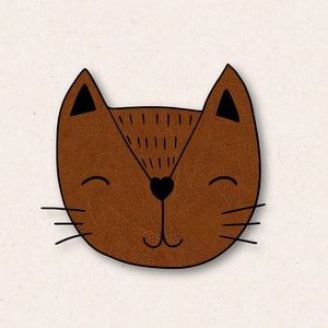 May include: A brown cartoon cat with black eyes and a heart-shaped nose. The cat has a happy expression with closed eyes and a smile.