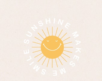 May include: A yellow sun with a smiling face and rays of light. The text "Sunshine makes me smile" surrounds the sun.
