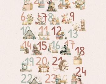 May include: Watercolor illustration of an advent calendar with 24 numbered boxes. Each box features a different woodland animal, such as a fox, bear, and hedgehog, with gifts and festive decorations. The numbers are in a soft teal color.