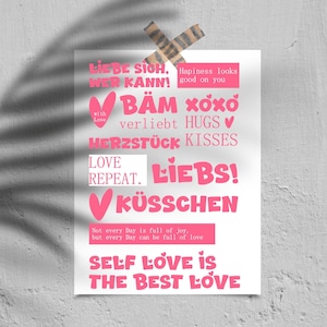 Puede incluir: Un póster blanco con texto rosa y cinta adhesiva decorativa. El texto incluye frases como "Self Love is the Best Love" y "Love Repeat". El póster tiene una sombra.