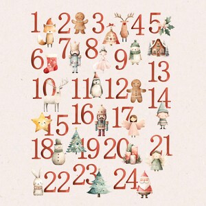 Peut inclure: Un calendrier de l'avent de Noël rouge et blanc avec les numéros de 1 à 24. Chaque numéro est associé à une illustration différente sur le thème de Noël, comme un bonhomme en pain d'épices, un pingouin, un renne et un bonhomme de neige.