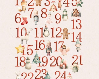 May include: A red and white Christmas advent calendar with numbers 1 through 24. Each number is paired with a different Christmas-themed illustration, such as a gingerbread man, a penguin, a reindeer, and a snowman.