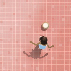 print illustration of a girl playing football alone, original wall decor, digital art modern interieur, scandinavian interior limited
