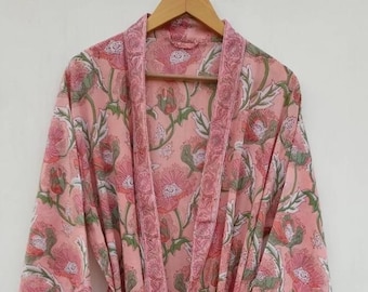 Bath Robe,Cotton Kimono,Indian Hand block print Cotton Bath Robe,Night Wear Suit,Swim Wear,Dressing Gown,Colour Same as Picture Light Pink.