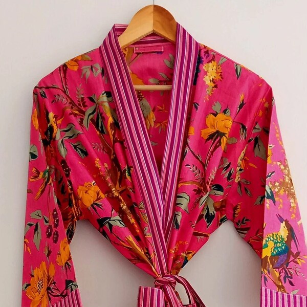 Robes de kimono en coton, Kimono imprimé oiseau, Peignoirs de bain doux et confortables, robe portefeuille, poids léger House Coat Robe