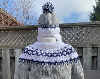 Nordic Child, Size 2, Sweater Set, Soft Grey, Fair Isle Pullover, Matching Hat, Hand Knit, Soft