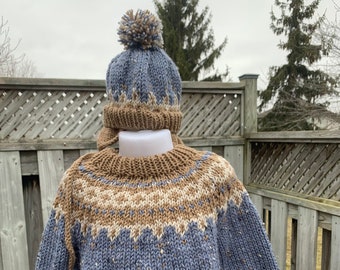 Nordic Child, Size 2, Sweater Set, Denim Fleck, Fair Isle Pullover and Matching Hat, Hand Knit, Soft