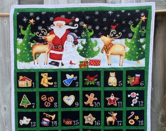 Quilted Advent Calendar, Santa, Reindeer, Snowman, Christmas Count Down Wall Hanging, Reusable, Fillable, Ready To Ship