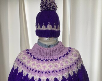 Nordic Child, Size 2, Sweater Set, Ultra Violet, Fair Isle Pullover, Matching Beanie Hat, Hand Knit, Soft