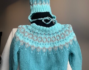 Nordic Child's Sweater Set, Light Teal, Size 2, Fair Isle Pullover and Matching Hat, Hand Knit, Soft