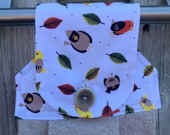 Birds, Rounded Tab Button Top, Taupe Towel, Stay-Put Hanging Towel, Kitchen Hand Towel, Handmade, Gifts