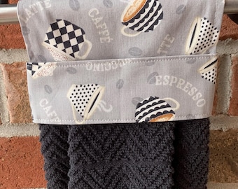 Coffee Lovers Hanging Towel, No Snaps, No Buttons, No Velcro, No Ties, No Fall, Kitchen Hand Towel, Pull-Through Style, Easy care