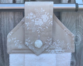 Floral, Cream Cotton Hanging Towel, Tab with Flower Decorative Button, Stay-Put Hand Towel, Kitchen Hand Towel, Handmade, Gifts