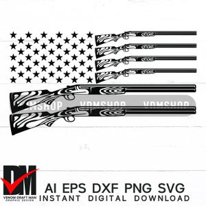 Escopeta con bandera de EE. UU. SVG, caza con bandera de EE. UU. SVG, calcomanía de escopeta de doble cañón SVG PNG Archivos para Cricut, silueta, corte láser, sublimación