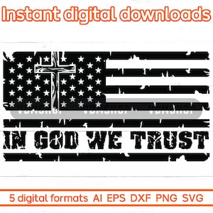 En Dios confiamos en SVG, SVG patriótico, archivos vectoriales de bandera estadounidense angustiados para Cricut, silueta, corte láser, sublimación, dxf, png