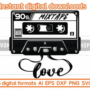 90 年代ミックステープ svg、90 年代バイブ svg、レトロカセットテープ svg、90 年代ハッピーバースデー svg カッティングマシン、クリカット、シルエット、ヒートプレス用デザイン