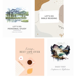 May include: Four different printable journal covers with watercolor backgrounds. The first cover features a watercolor landscape with mountains, trees, and a lake. The text reads "Let's Do Personal Study, A Bible Study Notebook". The second cover features abstract shapes in brown, gray, and white with the text "Let's Do Bible Reading". The third cover features a watercolor landscape with mountains, trees, and a lake. The text reads "Living the Best Life Ever, Monthly Planner". The fourth cover features a watercolor landscape with mountains, trees, and a lake. The text reads "Daily Text, Scriptures & Reflection".