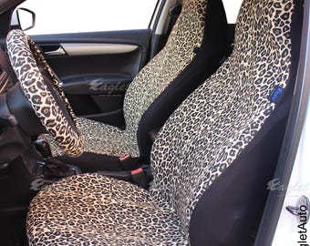 Juego completo de fundas para asientos de coche con estampado de leopardo y guepardo color beige, hechas a mano para asientos delanteros y traseros, regalo para ella/él.