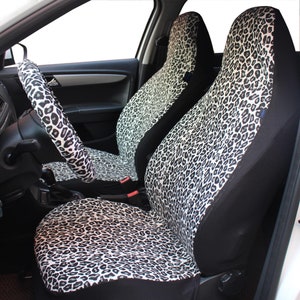 Grey Leopard Cheetah Print Car Seat Covers for Vehicles Front Set, Handmade Car Decor, Gift for Her/Him
