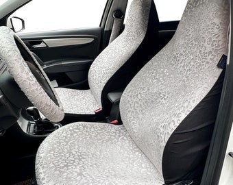Gray Leopard Cheetah Handmade Suede Car Seat Covers for Vehicles Full Set, Front Seat and Bench Seat Covers, Gift for Her/Him