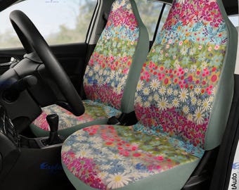 Floral Meadow Universal Car Seat Covers, Cottagecore Colorful Wildflower Design, Front Seat Set, Gift for Her