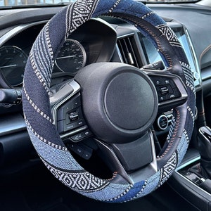 Mexican Serape Blanket Car Steering Wheel Cover - Navy Woven Blend