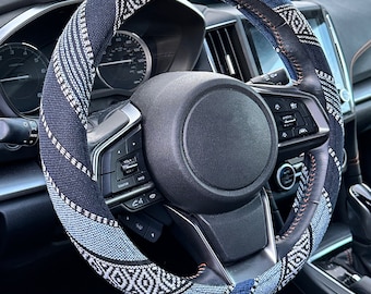 Mexican Serape Blanket Car Steering Wheel Cover - Navy Woven Blend