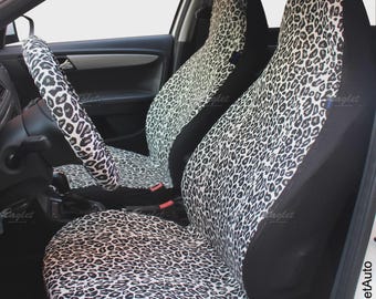 Grey Leopard Cheetah Print Car Seat Covers for Vehicles Front Set, Handmade Car Decor, Gift for Her/Him