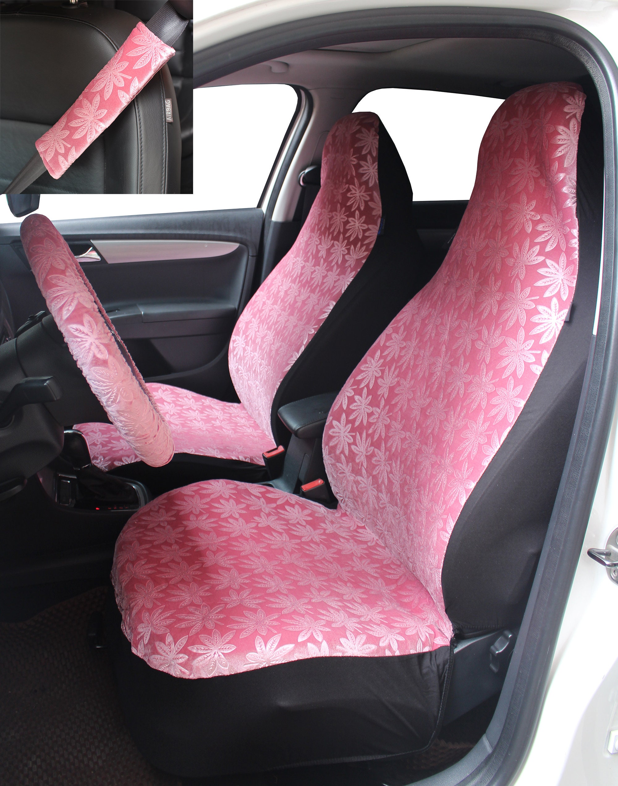 Samt Rosa Autositzbezüge für Frauen, süße Vordersitzbezüge Lenkrad