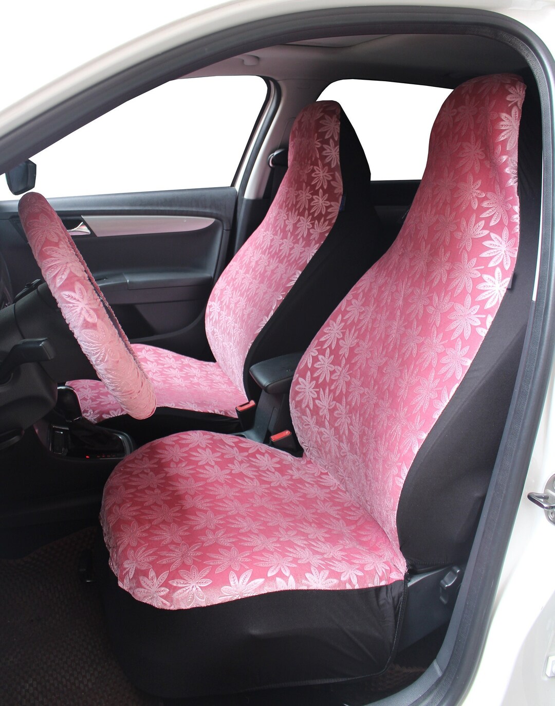 Velvet Pink Car Seat Covers for Women, Cute Front Seat Covers Steering Wheel and Seat Belt