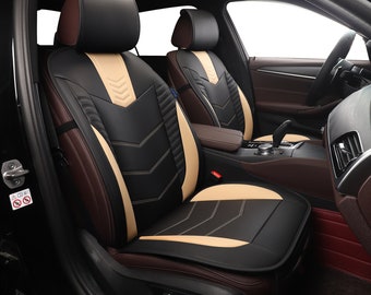Sporty Beige Black Leatherette Car Seat Covers Front Set