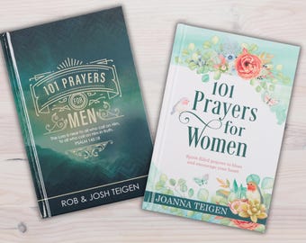 May include: Two teal and white books with gold lettering. The book on the left has the title "101 Prayers for Men" and the book on the right has the title "101 Prayers for Women".