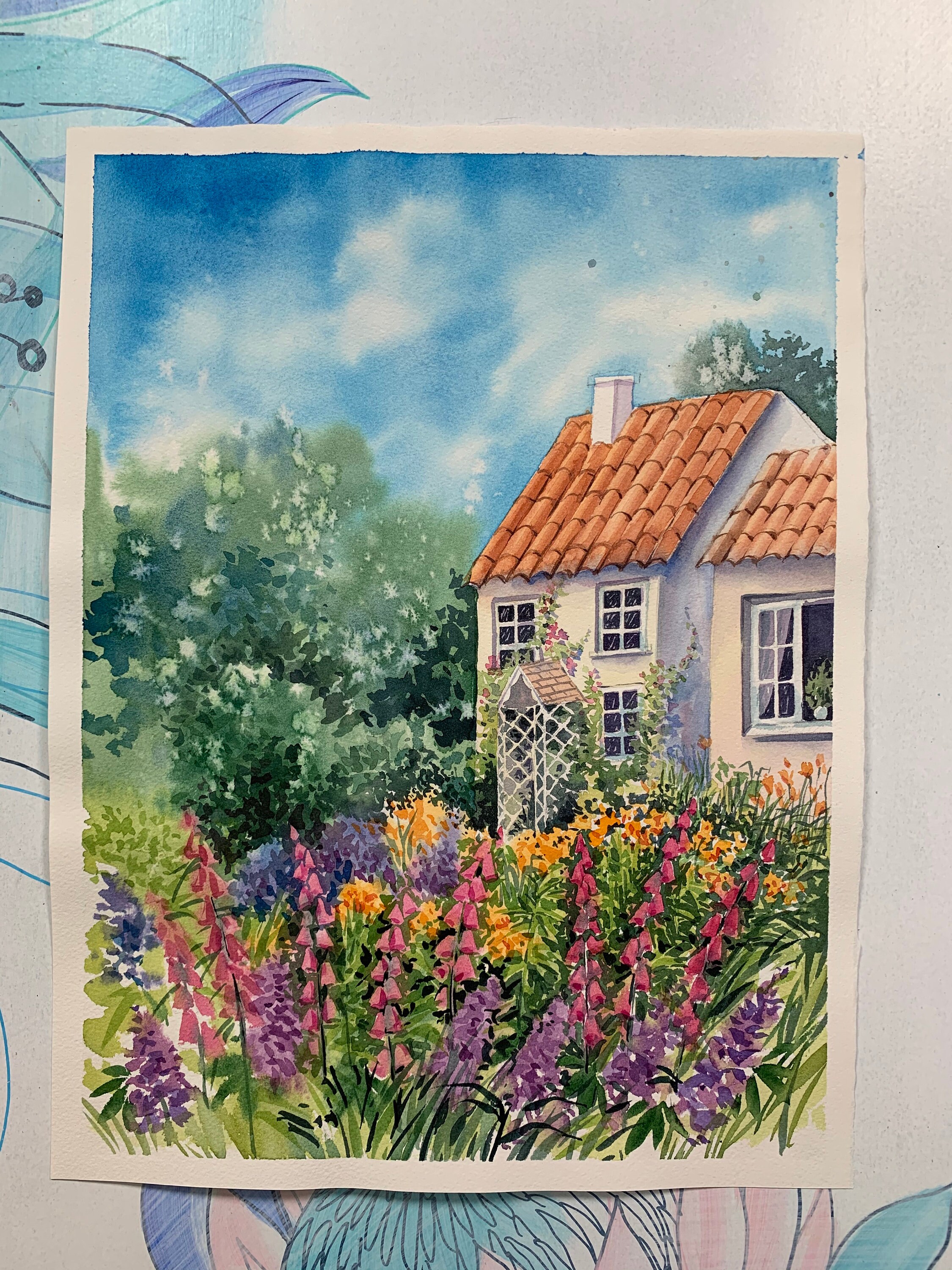 Haus mit dem Garten Aquarell blühenden Garten Blumen Etsy